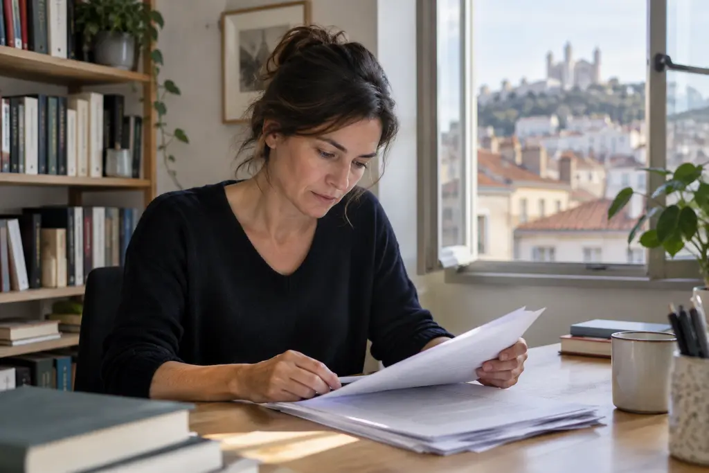 Une rédactrice travaille dans un bureau lumineux avec une fenêtre ouverte sur les toits lyonnais.