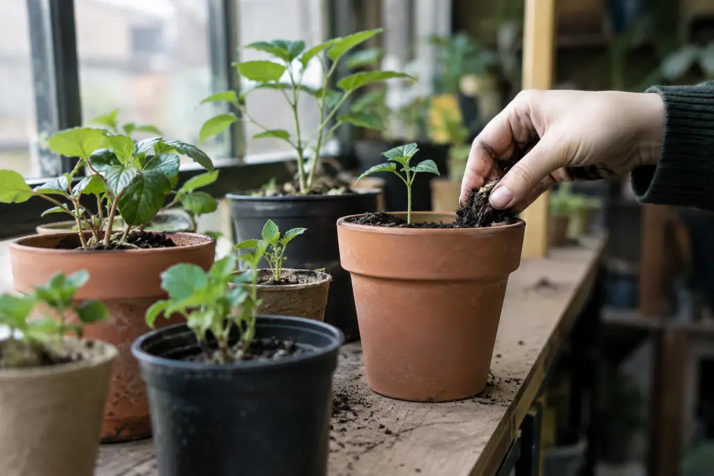 Une main remplit un pot neuf, aligné parmi plusieurs jeunes pousses de tailles différentes.