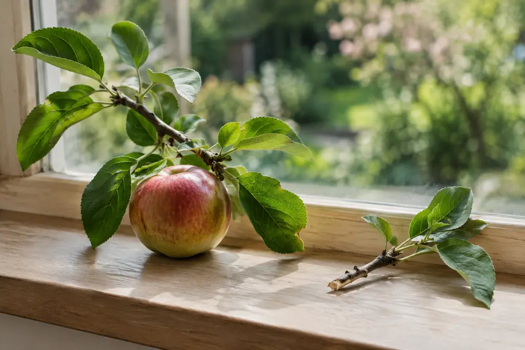 Une branche fruitière et une petite branche séparée reposent sur un rebord de fenêtre.