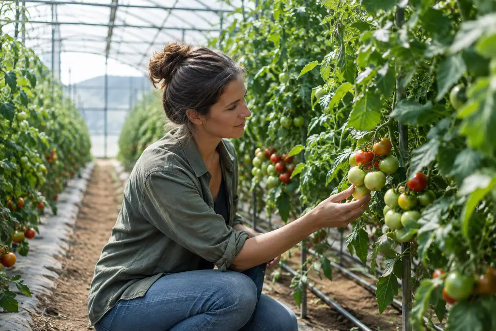 Une maraîchère examine une plante fruitière dans une serre provençale lumineuse.