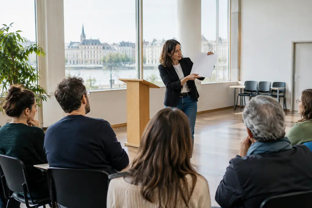 Des participants écoutent une intervenante dans une salle de présentation sobre à Bordeaux.