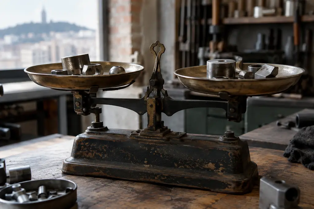 Une balance de précision et des pièces métalliques anonymes dans un atelier artisanal.