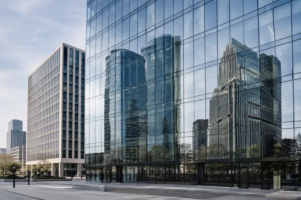 Des immeubles de bureaux aux façades distinctes se reflètent dans une tour vitrée de La Défense.
