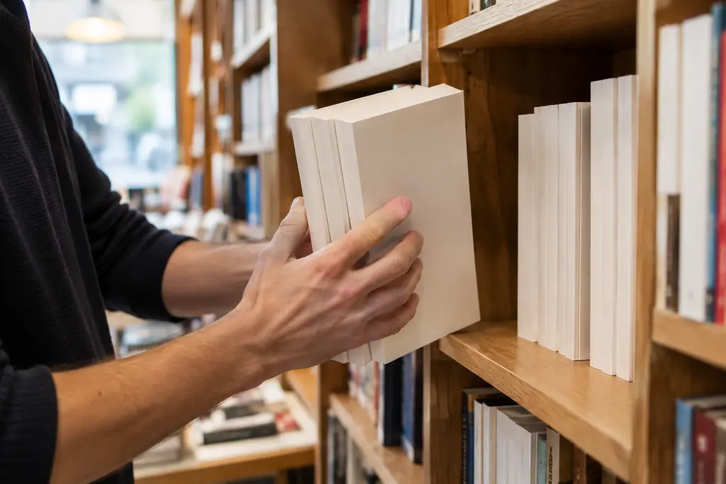 Les mains d’un libraire retirent des livres anonymes d’une étagère de boutique.