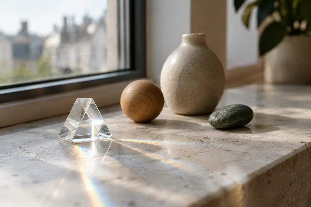 Un prisme de verre et trois objets de tailles différentes sur une pierre claire.