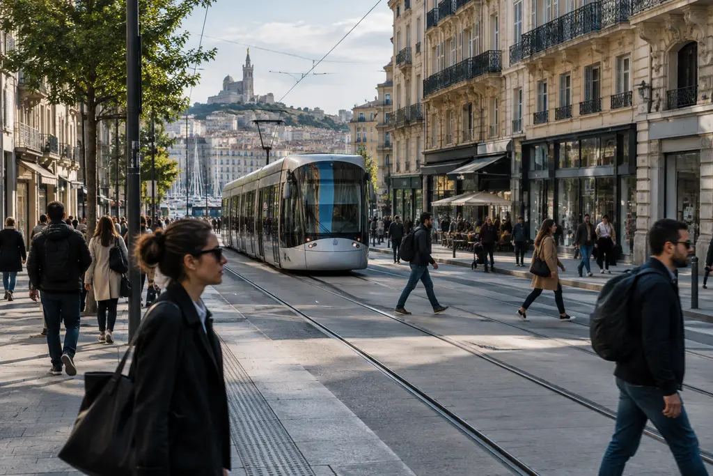 Un tramway traverse une avenue marseillaise animée par des passants et des commerces.