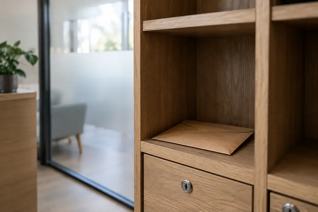 Une enveloppe fermée repose dans un casier en bois à l’accueil d’un bureau.