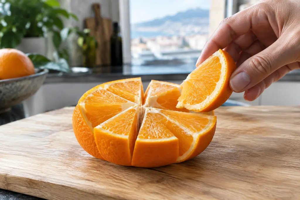 Une main prélève un quartier d’orange parmi les morceaux alignés sur une planche.