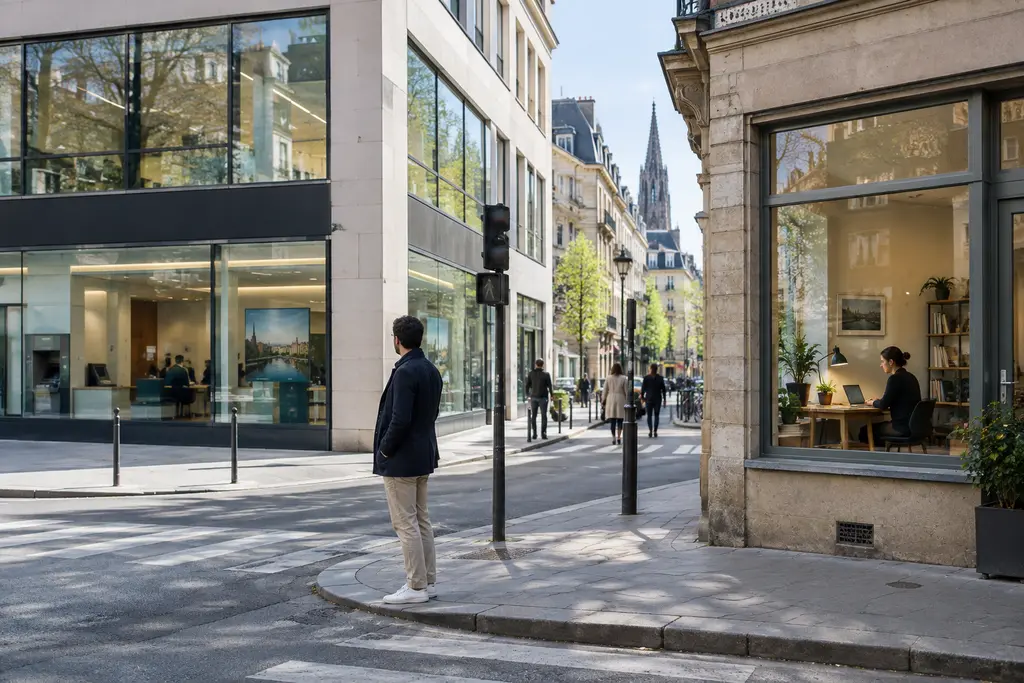 Une agence anonyme et un espace professionnel voisin se font face dans une rue strasbourgeoise.