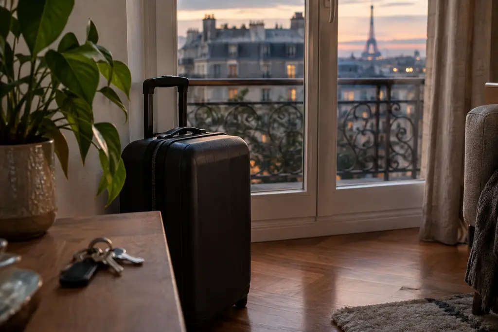 Une valise et des clés attendent près de la porte vitrée d’un appartement parisien.