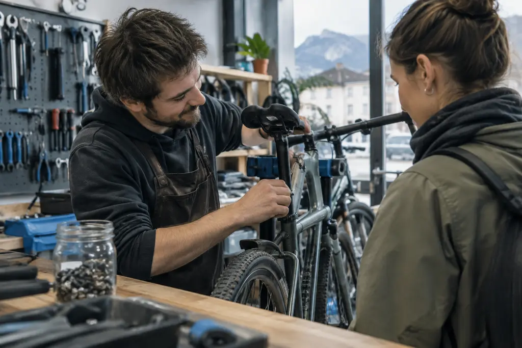 Un mécanicien règle le vélo d’une cliente dans un atelier de quartier.