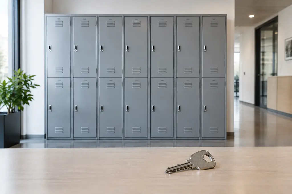 Une clé repose devant des casiers métalliques fermés dans un bâtiment calme.