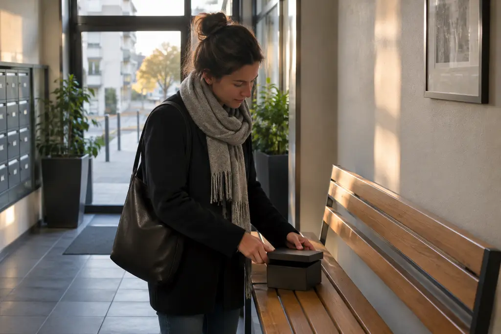 Une personne ferme une boîte vide dans le hall lumineux d’un immeuble nantais.