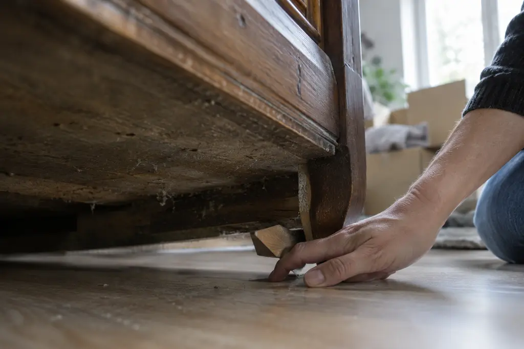 Une main inspecte une petite cale cachée sous un meuble ancien.