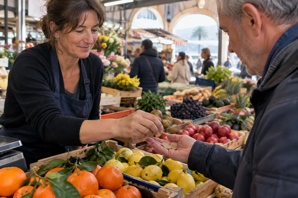 Une commerçante échange des pièces anonymes avec un client dans un marché couvert.