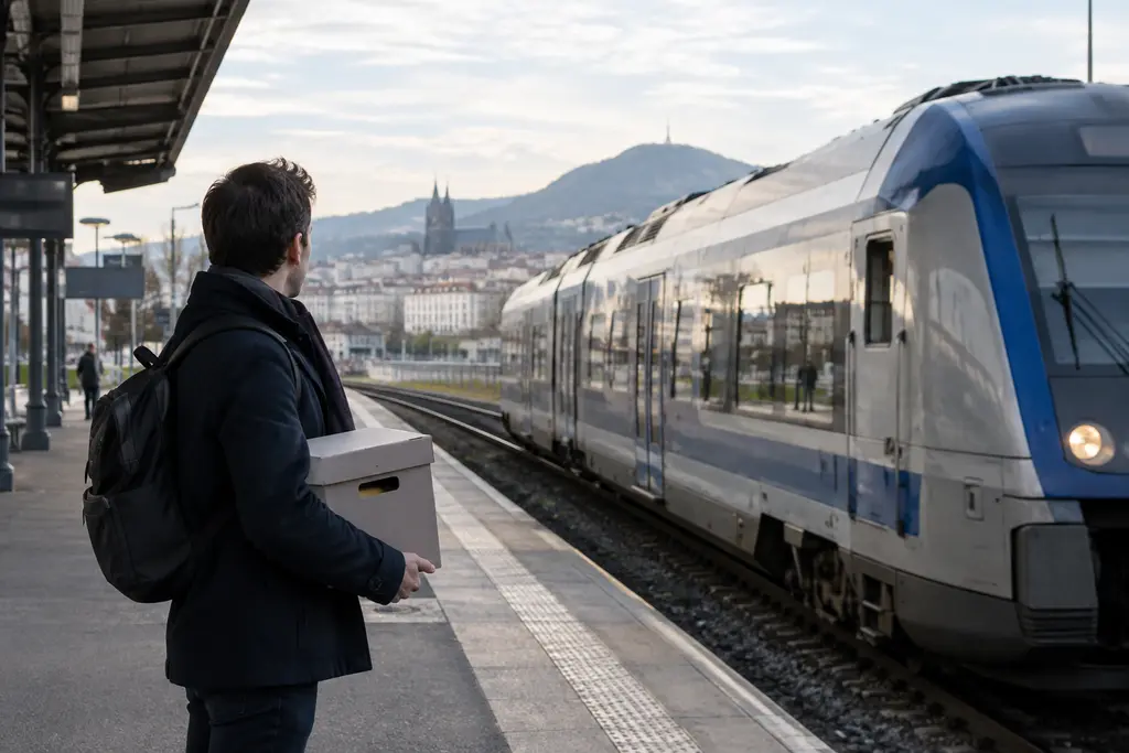Un voyageur tient une boîte d’archives sur le quai, devant un train régional.
