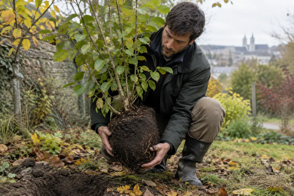 Un jardinier replante un jeune arbuste en préservant sa motte de terre.