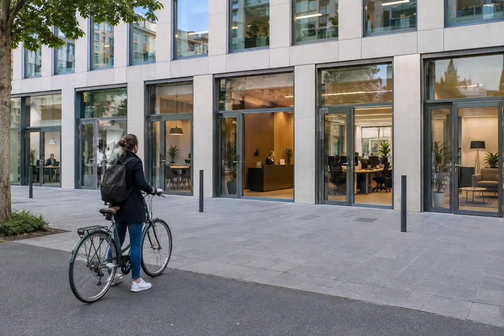 Une cycliste observe les entrées de plusieurs bureaux anonymes dans une rue bordelaise.