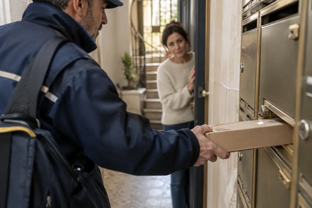 Un facteur dépose un colis neutre dans une boîte aux lettres d’un immeuble tourangeau.