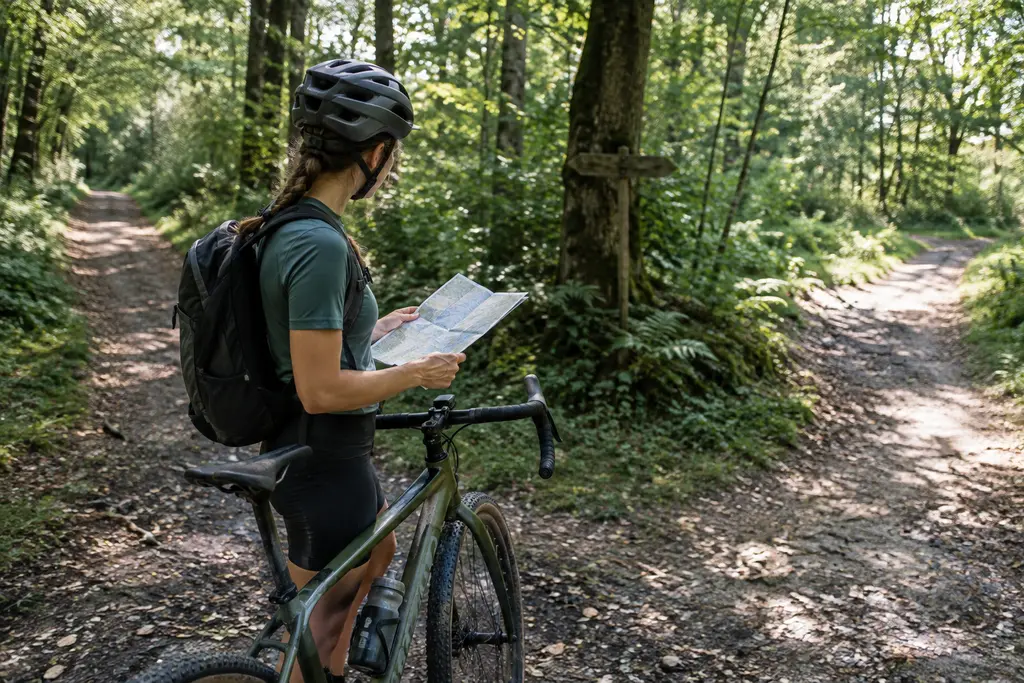 Une jeune cycliste s’arrête à une bifurcation forestière pour examiner une carte pliée.