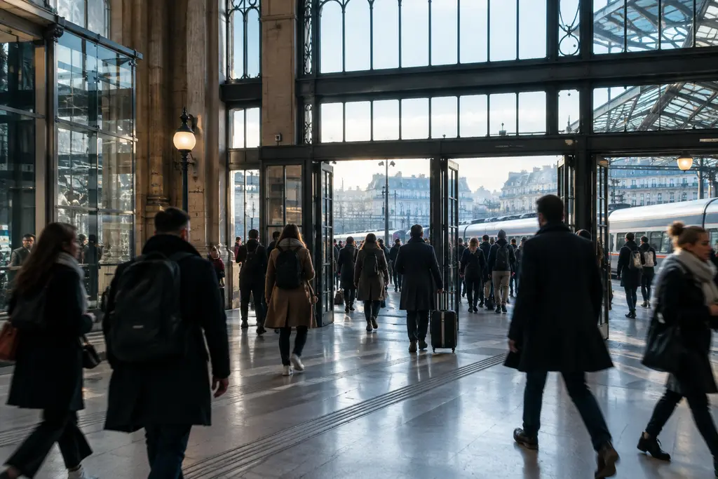 Des voyageurs franchissent les portes d’une gare parisienne au début de la journée.