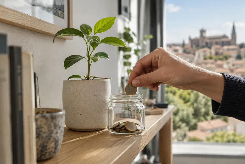 Une main dépose une pièce dans un pot transparent près d’une plante d’intérieur.