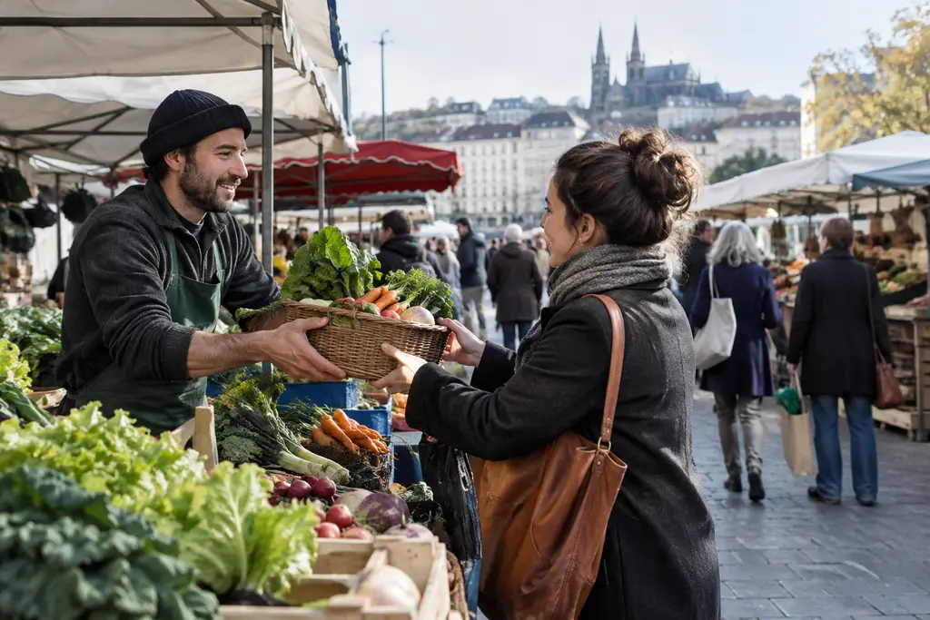 Deux personnes se transmettent un panier de légumes dans un marché de producteurs.