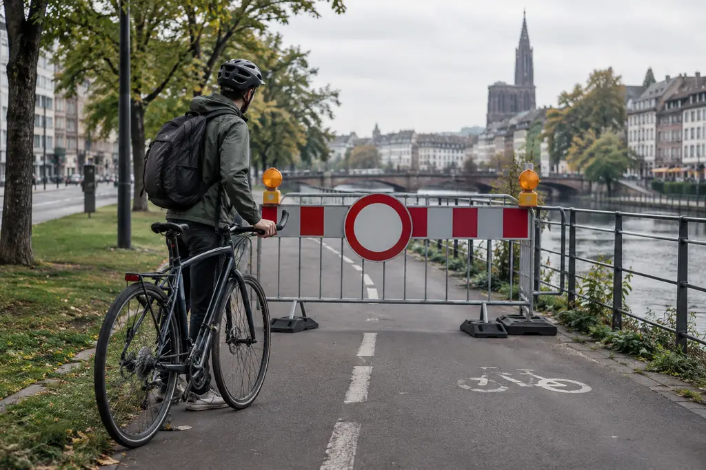 Un cycliste s’arrête devant une barrière temporaire qui bloque une piste urbaine.