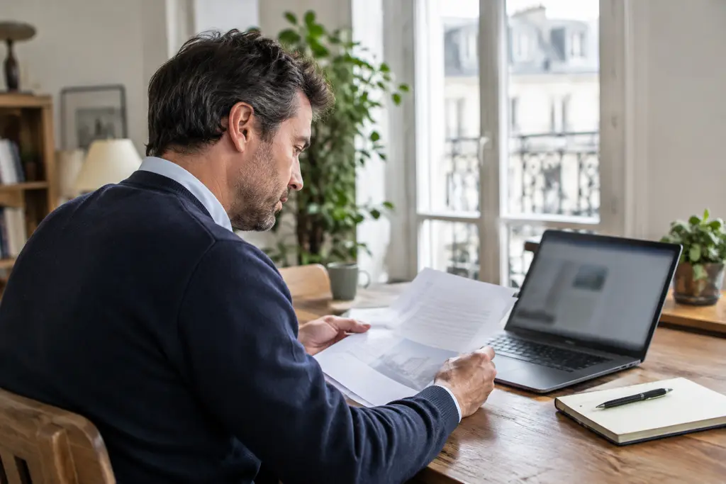 Investisseur relisant ses notes de Bourse devant un ordinateur portable dans un appartement lumineux