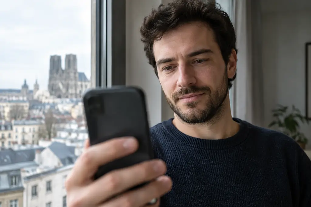 Un homme observe son téléphone près d’une fenêtre lumineuse dans un appartement rémois.