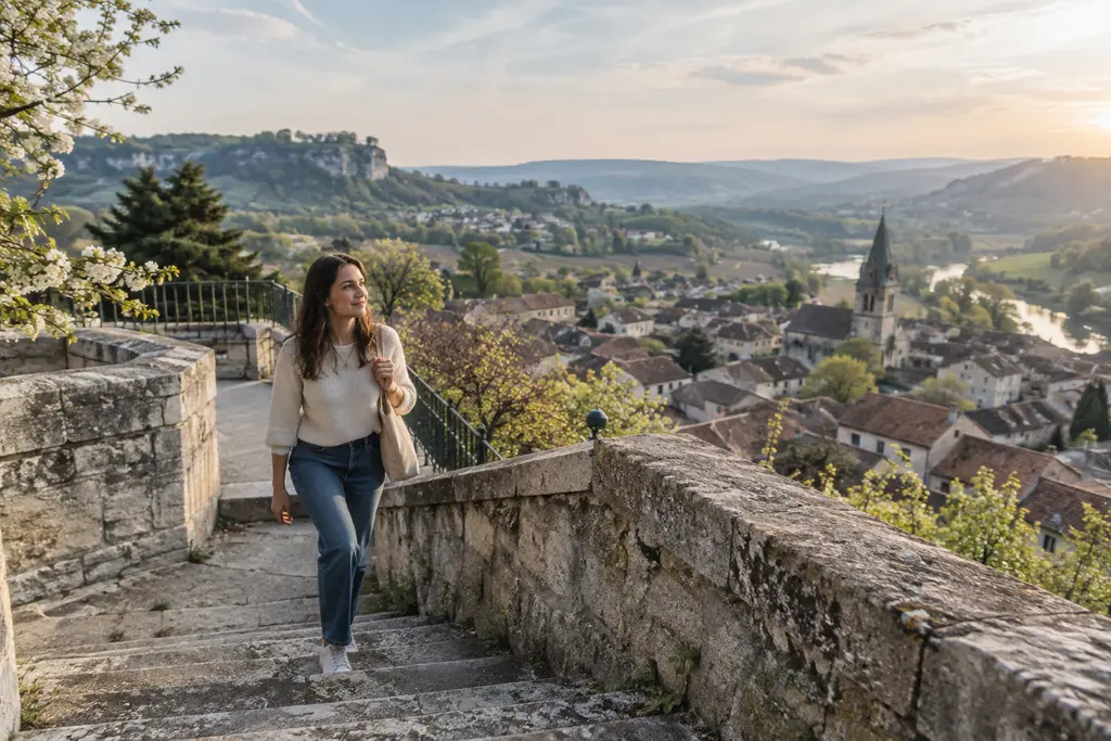 Une jeune femme monte vers un belvédère offrant une vue sur un village jurassien.