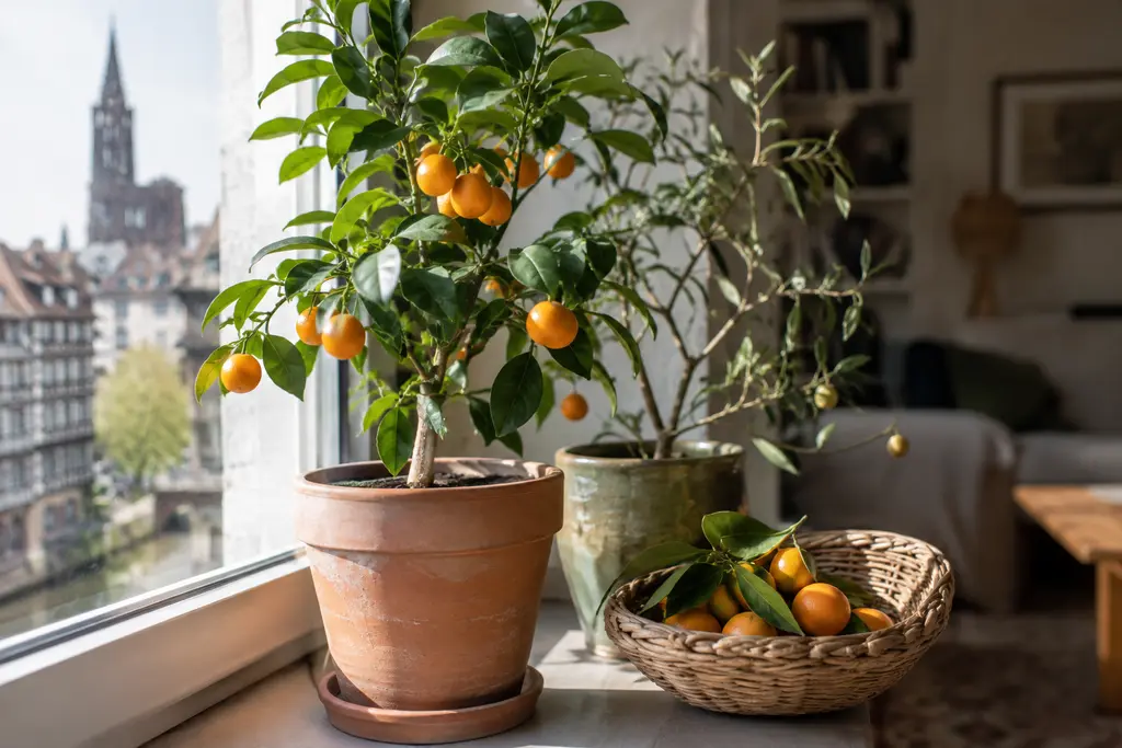Deux plantes fruitières illustrent des fruits conservés sur la branche ou déposés dans un panier.