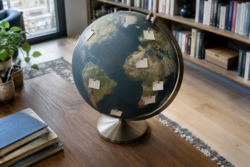Un globe en métal mat est entouré de petites cartes vierges dans une bibliothèque.