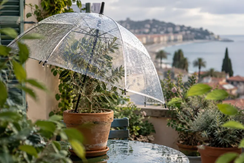 Un parapluie transparent abrite une plante en pot sur une terrasse après la pluie.