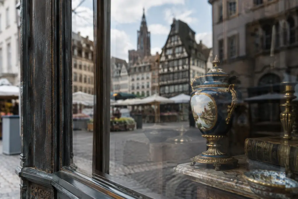 Un objet derrière une vitrine se superpose imparfaitement au reflet de la place.