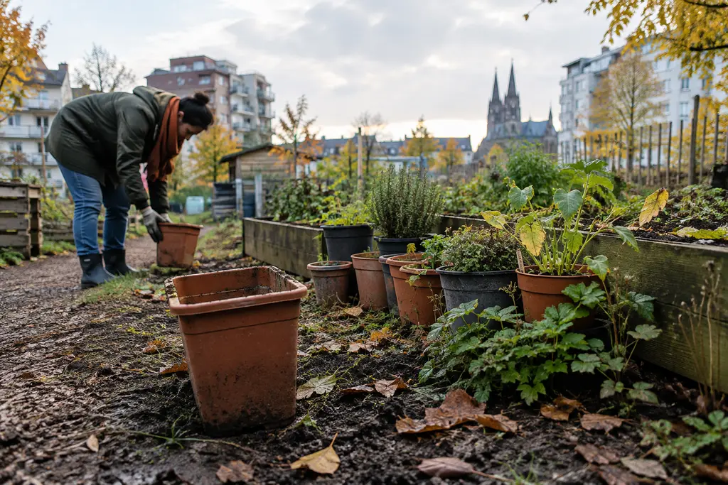 Des pots de jardin sont regroupés après le retrait d’une jardinière vide.