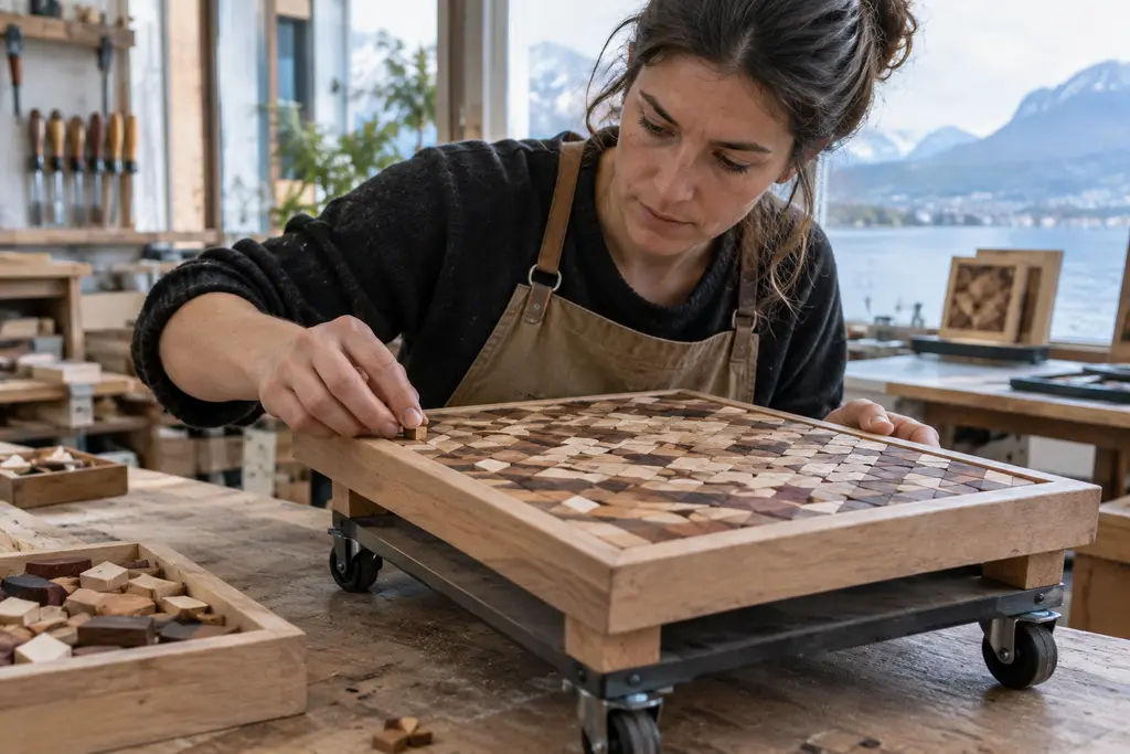 Une artisane assemble de petites pièces de bois dans un cadre rectangulaire.