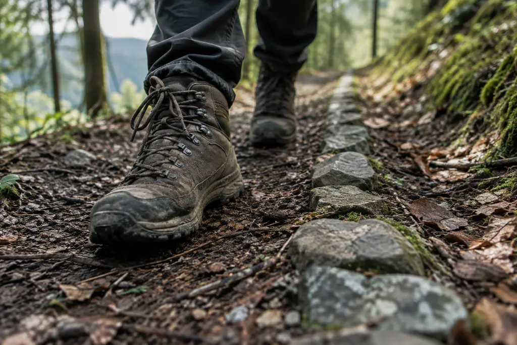 Des chaussures de randonnée suivent un sentier qui s’écarte légèrement d’une ligne de pierres.