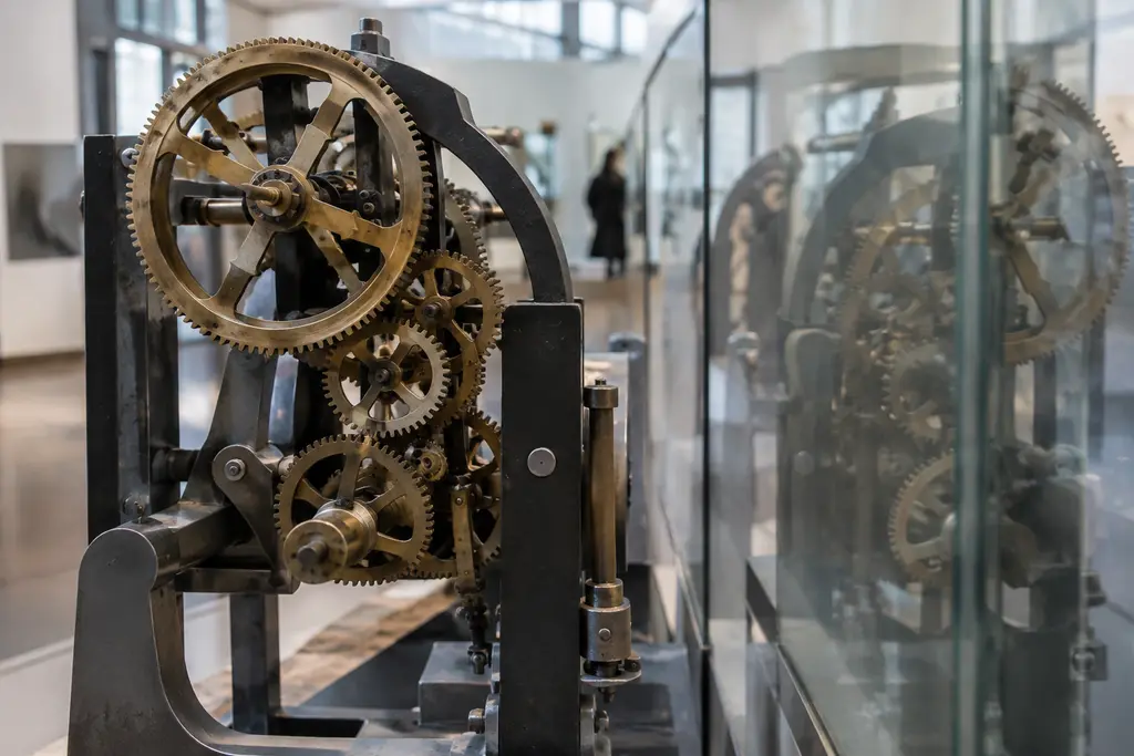 Un mécanisme d’engrenages se reflète dans une plaque de verre dans un musée.