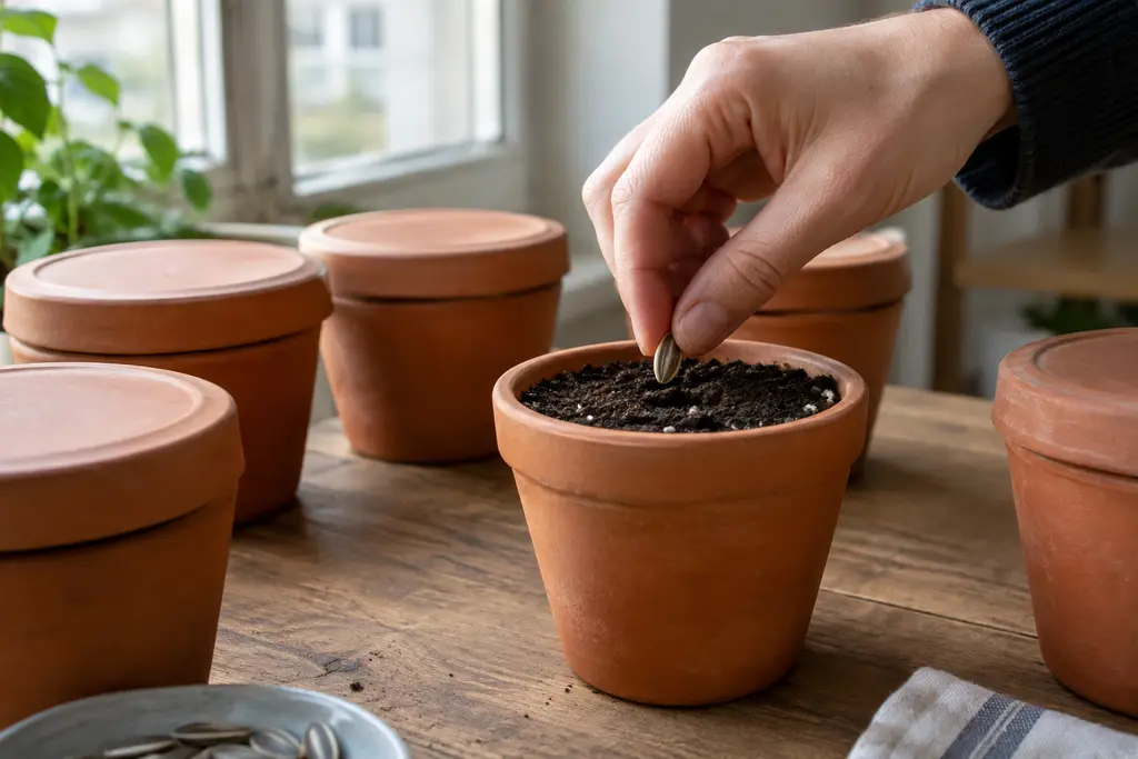 Une main plante une graine dans un pot en terre parmi plusieurs contenants fermés.