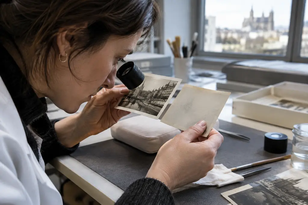 Une conservatrice examine une photographie à la loupe dans un atelier de restauration.