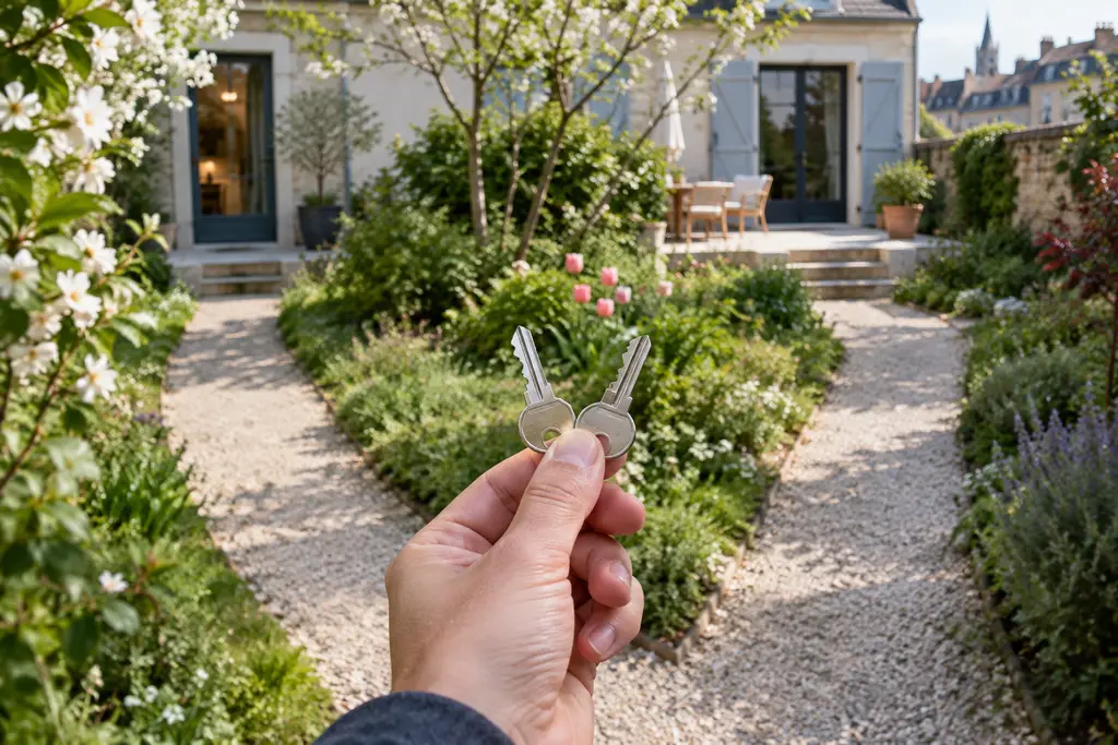 Deux chemins de gravier mènent à une terrasse, avec deux clés dans une main.