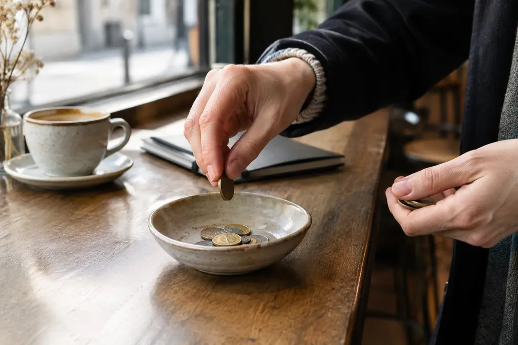 Des mains déposent des pièces anonymes dans une coupelle sur un comptoir de café.