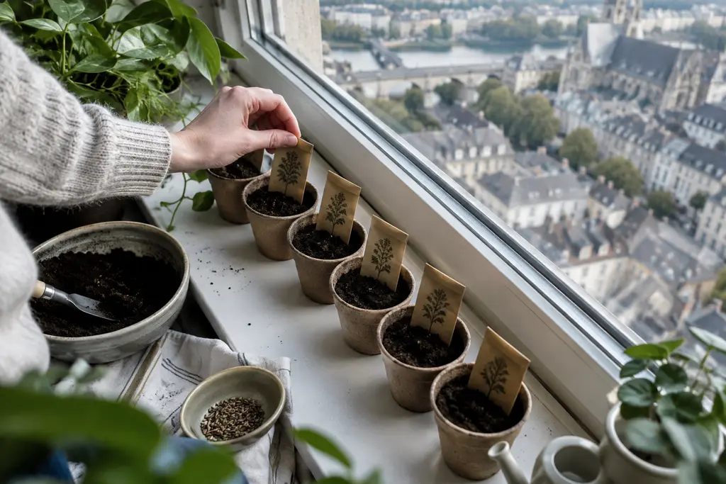 Une main répartit régulièrement des graines dans plusieurs petits pots alignés.