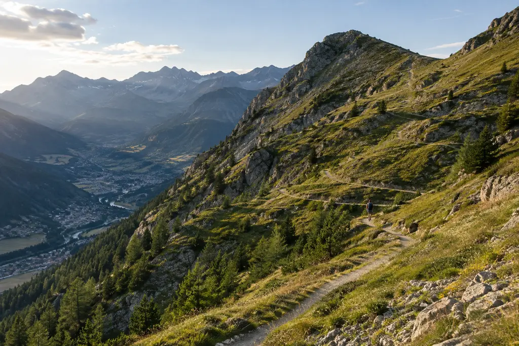 Un sentier en lacets monte vers un col alpin avec une randonneuse au loin.