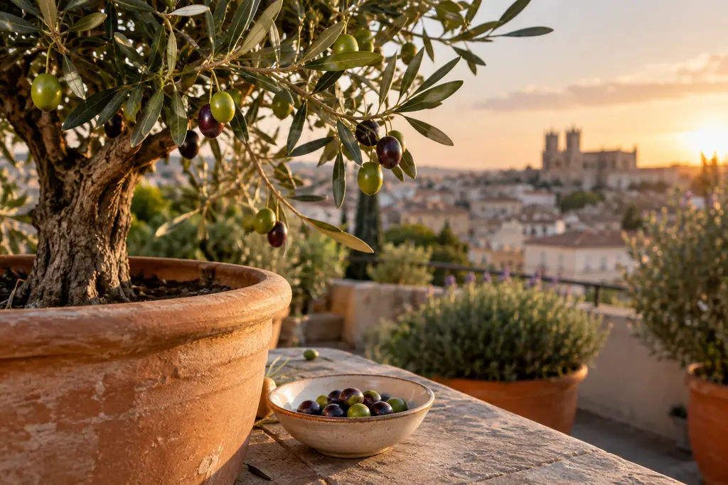 Des olives mûres pendent à un olivier en pot au-dessus d’une coupelle.