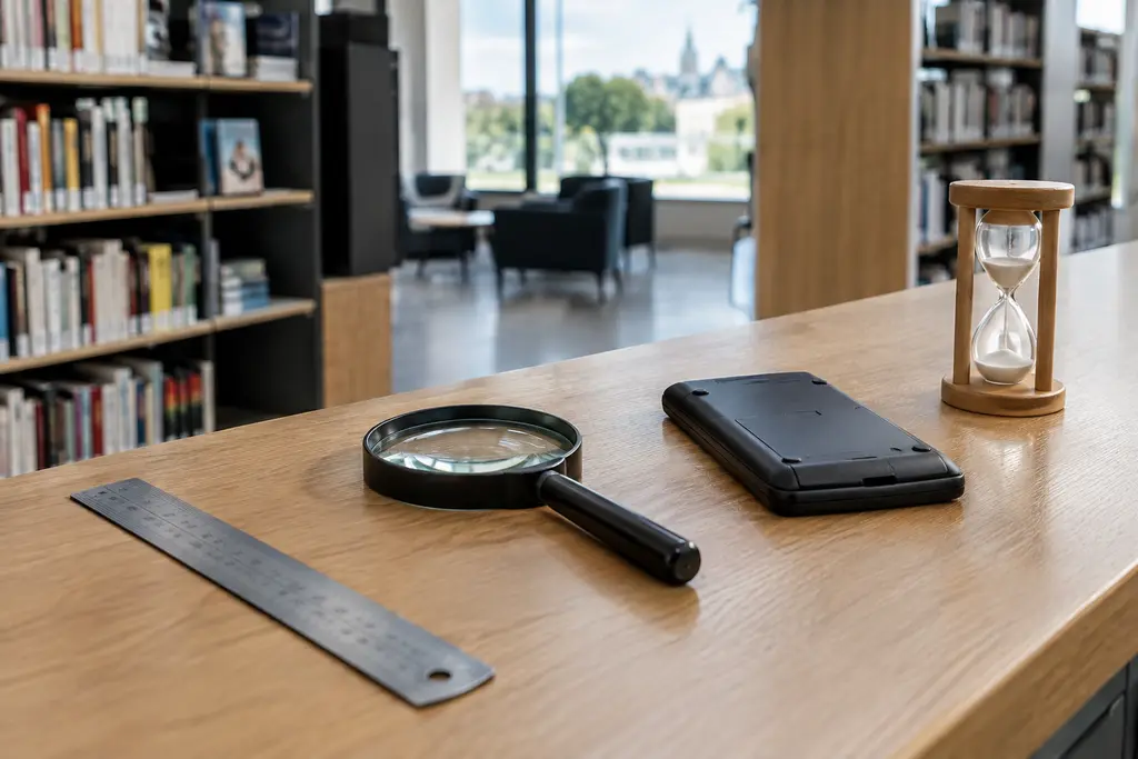 Une règle, une loupe, une calculatrice retournée et un sablier sont posés sur un meuble.
