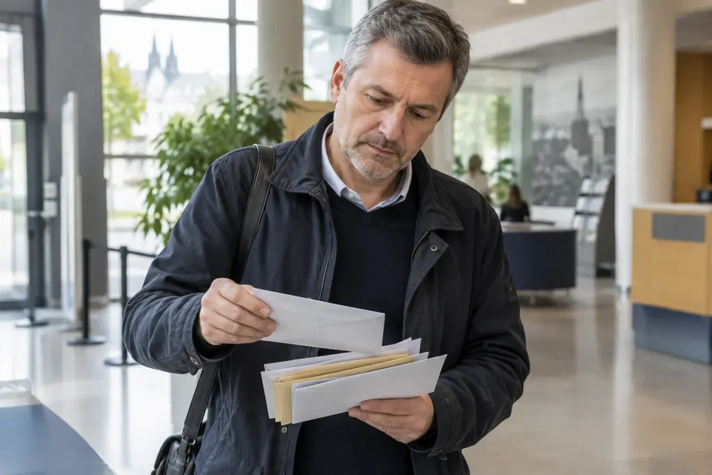 Un homme trie des enveloppes fermées dans le hall d’un centre administratif.