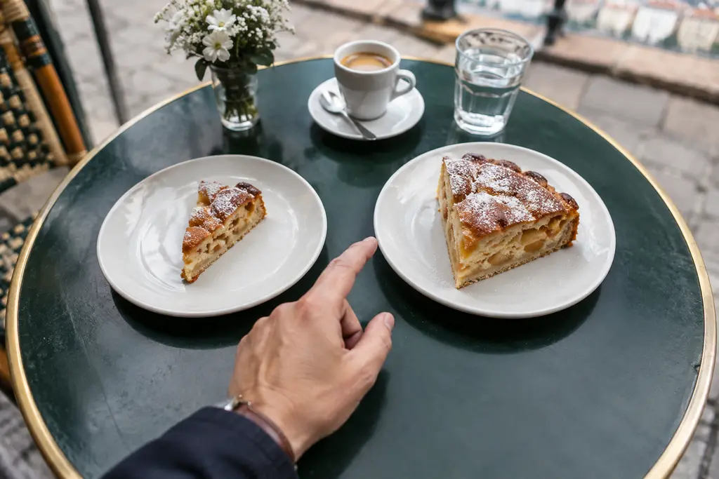 Deux portions de gâteau sont présentées séparément sur une table de bistrot.