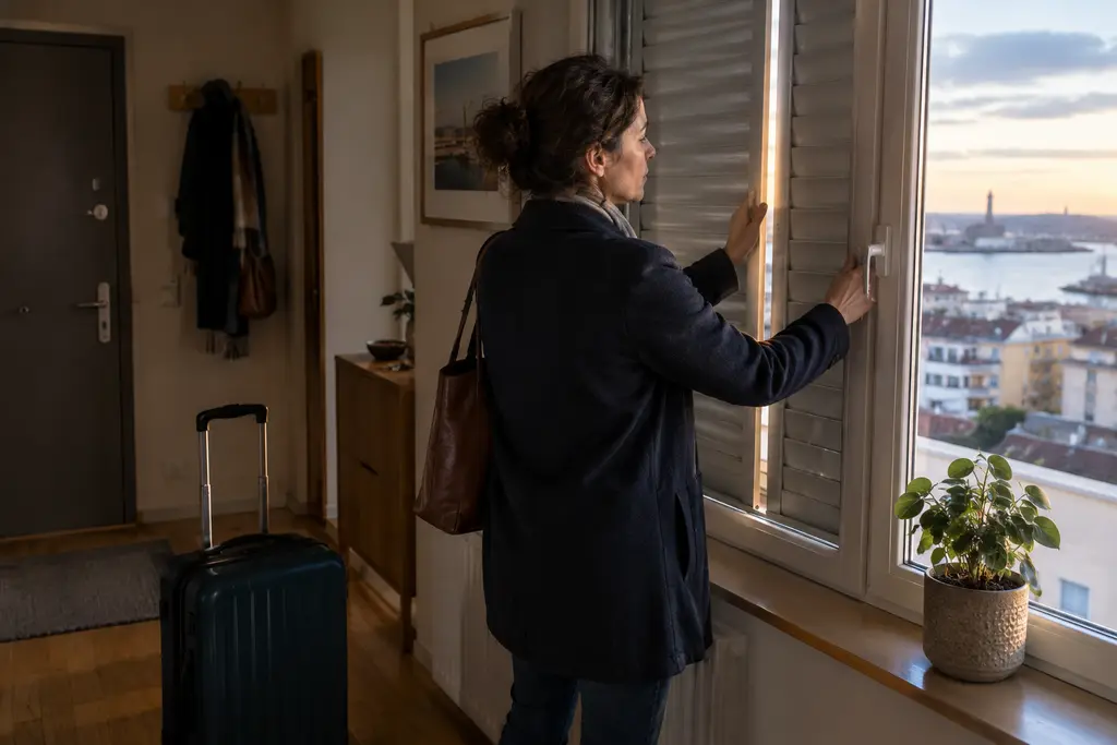 Une femme ferme les volets près d’une valise et d’une plante dans un appartement breton.